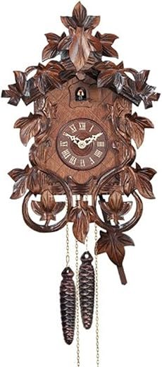 14" one Day Mechanical Hand-Carved Cuckoo Intricate Leaves and Vines Wall Clock, Brown