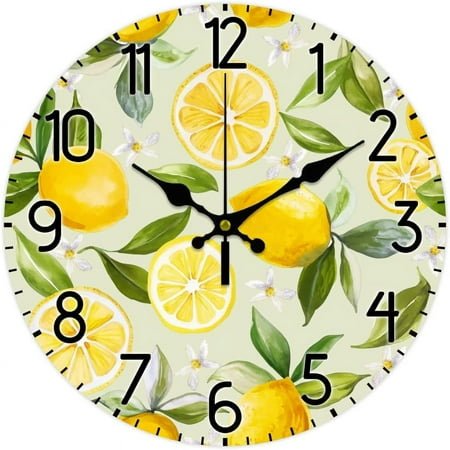 1pc 12inch Lemon Wall Clock Silent Non Ticking Round Wooden Clock Battery Operated Fruit Clock Farmhouse Wall Clock for Living Room Kitchen Bedroom Office Decoration