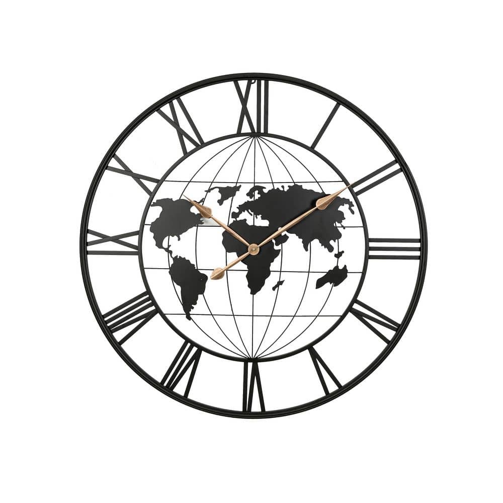 36 in. Large Black Metal Wall Clock, Modern Silent World Map Wall...