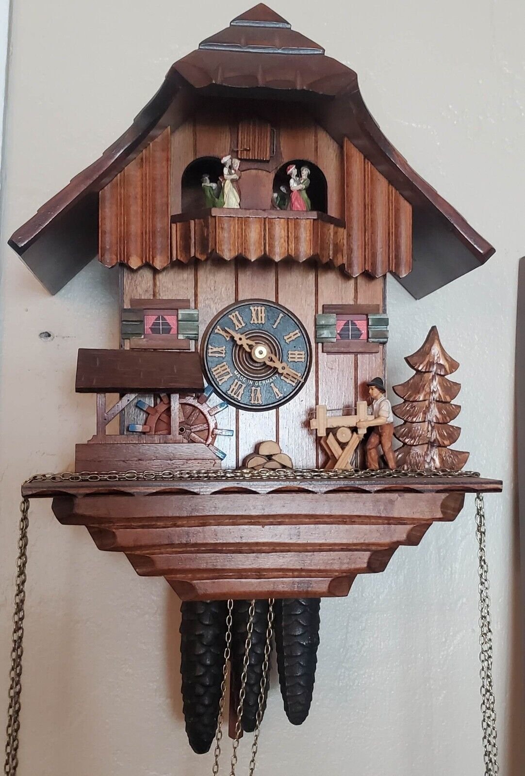 8 Day Cuckoo Clock Black Forest with 4 moving dancers, Logger and Water Wheel
