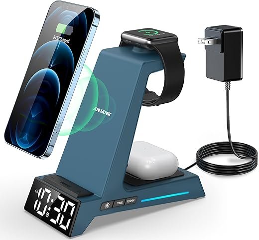 ANJANK Wireless Charging Station for Multiple Devices Apple, 3 in 1 Wireless Charger Stand with Alarm Clock, Charging Dock for iPhone 16/15/14/13/12/11/Pro/Max/XR/XS/8 Plus/iWatch/AirPod