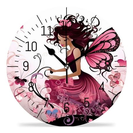 ATEDEANEI 12 Wall Clock Battery Operated Silent Non Ticking Flower Fairy With Butterflies Graceful Pattern
