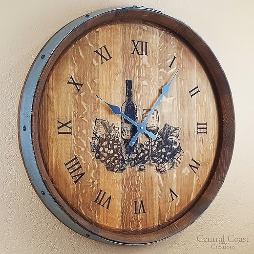Barrel Top Wine Glass Large Wall Clock - Wine Barrel Handcrafted Rustic Wooden Clock, 24" X 4" X 24"