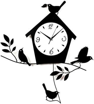 Birds and Birdhouse Wall Clock with Pendulum | Laser-Cut Bird Theme & Black Matte Finish| Wood Wall Clock with Frosted Glass Dial & Battery Powered Wood Material