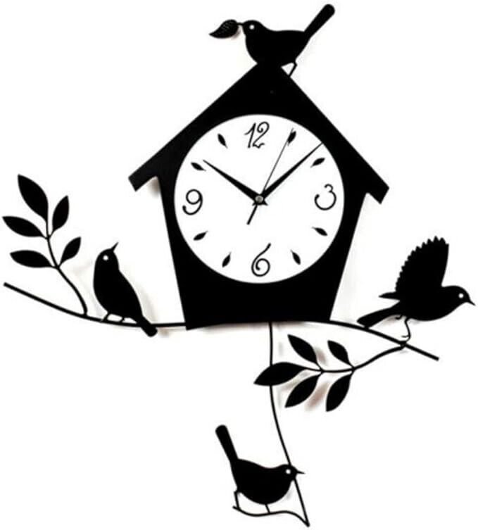 Birds and Birdhouse Wall Clock with Pendulum | Laser-Cut Bird Theme & Black Matt