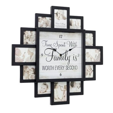 Black Picture Frame Photo Collage Clock - 12 Slots, Farmhouse Wall Decor, Wall Clock for Living Room, Bedroom, Kitchen, Office (Family, 20x20)
