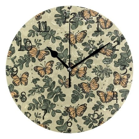 Brown Butterflies and Leaves Round Wall Clock Silent Battery Operated Home Decor for Living Room Bedroom