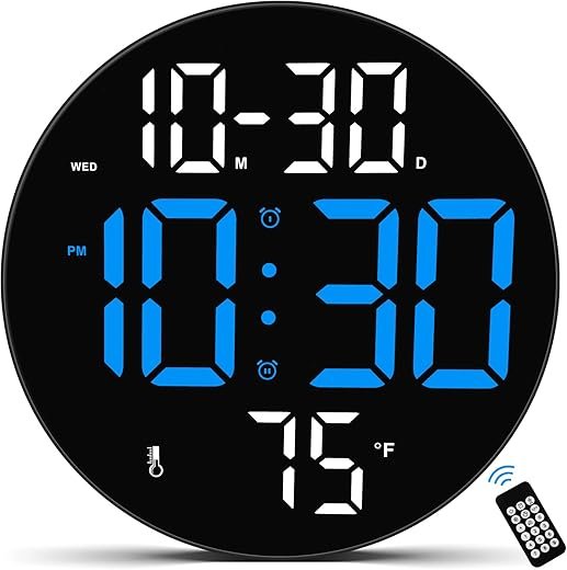 CandyHome Digital Wall Clock Large Display with Remote Control, Plug in LED Digital Alarm Clocks, 12/24Hr, Auto Brightness, Date, Week, Temperature, Non-Ticking for Living Room Bedroom Office (Blue)