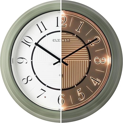 CLXEAST 14" LED Illuminated in/Outdoor Atomic Analog Wall Clock with Night Light,Coastal Beach Nautical Wall Clocks for Outdoor Patio Garden Decor, Olive Sage Green Finish