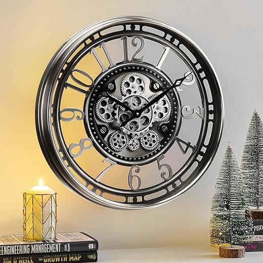 CLXEAST Large Moving Gear Wall Clock,Industrial Steampunk Decor,Decorative Wall Clock for Modern Farmhouse Living Room Decor,Gunmetal Silver Chrome Finish (21 Inch)