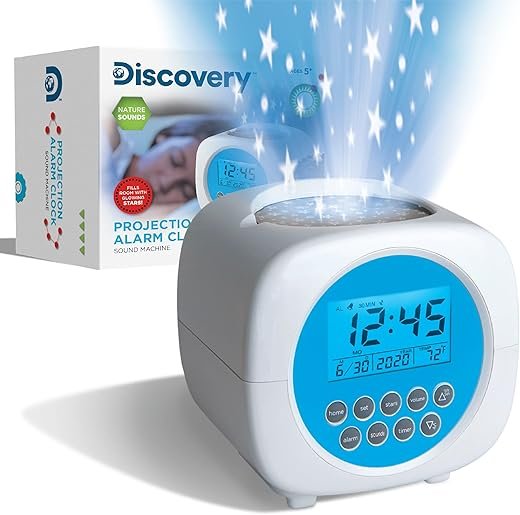 Discovery Kids Sound Machine Alarm Clock with Stars Projection, 6 Nature Sound Soother Therapy Tracks, Temperature and Date Display, Battery-Powered, Alarm and Timer Functions