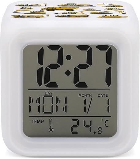 Donnapink Yellow Construction Excavators, Tractors, Bulldozers, Trucks 7 Color LED Change Digital Glowing Alarm Clock, LED Cube Night Light Clock, Wake Up Bedside Clock for Bedroom Home Office
