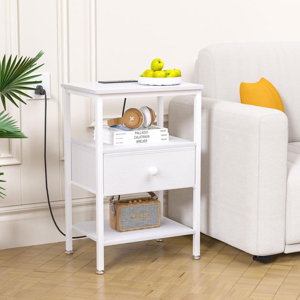 End Table with Charging Station, USB Ports, Fabric Drawer & Open Shelf...
