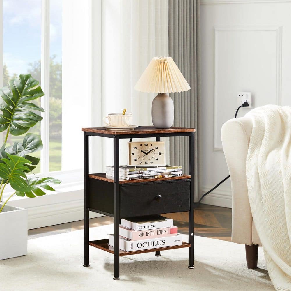 End Table with Charging Station, USB Ports, Fabric Drawer & Open Shelf...