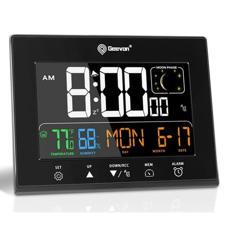 Geevon Digital Atomic Alarm Clocks for Bedrooms with Battery Backup, HD Color Display Atomic Lock with Backlight, 2 USB Ports, Indoor Temperature and Humidity, Moon Phases, Time, and Calendar