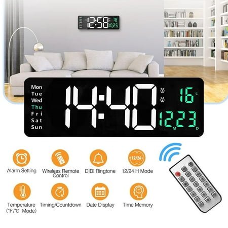 Haokaini 16 Digital Wall Clock with Remote Control, Large LED Display & Timer Digital Clock, Power Off Memory Temp Date Week, Dual Alarm Clock for Living Room Office Decor