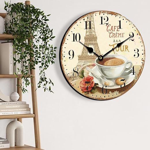 HQF French Wall Clock,16" Silent Wall Clocks Cafe & Paris Tower Style Vintage Rustic Clocks Farmhouse Clock Upgraded Movement MDF Wooden for Living Room Bedroom Kitchen Decor