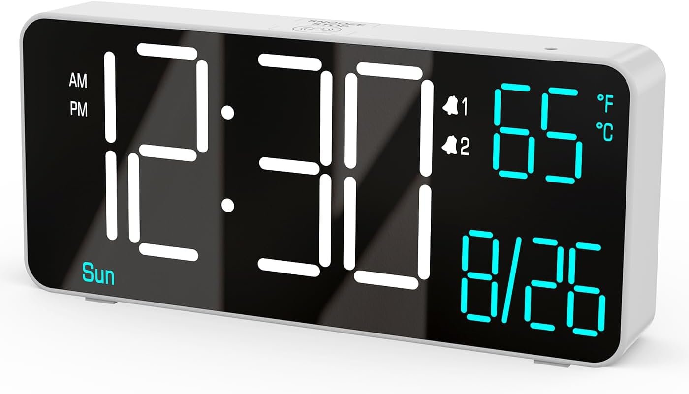 KOSUMOSU Digital Alarm Clock for Bedroom,6.7in Small Digital Clock,Auto Dimming,Date,Day of Week,Seconds or Indoor Temp,LED Alarm Clocks for Living Room,White Desk Clocks for Bedrooms