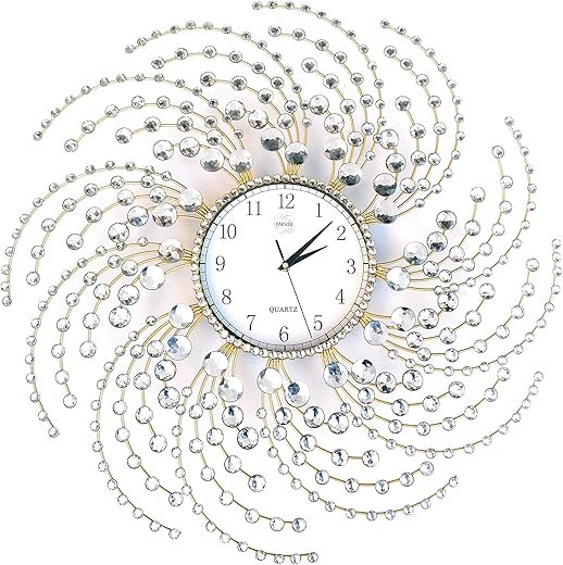 Large Gold Wall Clock Decorative with Dazzling Crystals, Battery Operated Modern Elegance, Ideal Clocks for Living Room & Bedroom Decor, Reloj de Pared para Sala, Exquisite Kitchen Clock.