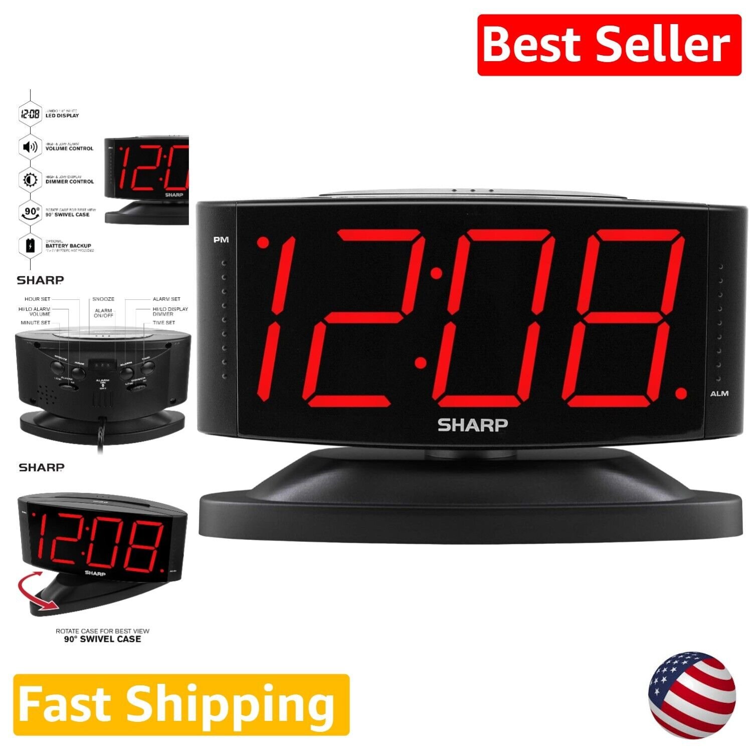 LED Digital Alarm Clock with Swivel Base - Outlet Powered, Loud Alarm, Snooze...