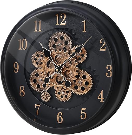Maxstar Large Moving Gear Wall Clock,16 Vintage Mechanical Battery Operated Industrial Wall Clocks for Farmhouse Living Room,Home Office, Dinning Room, Kitchen, Steampunk Decor-Black,Arab Numeral