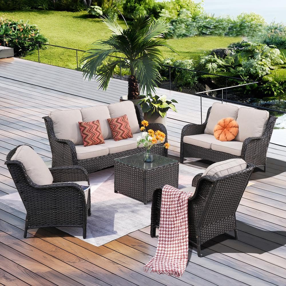 Mona Lisa Brown 5-Piece Wicker Outdoor Patio Conversation Seating Set with Beige...