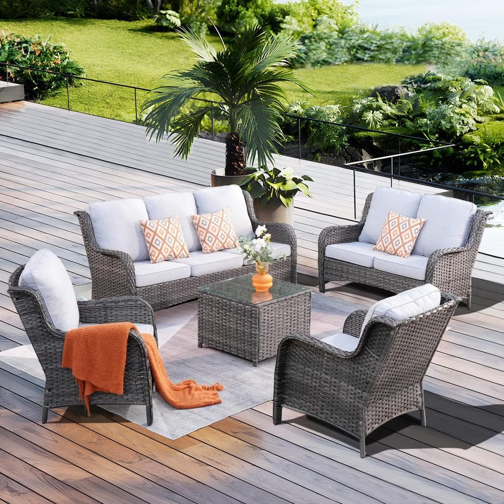 Mona Lisa Gray 5-Piece Wicker Outdoor Patio Conversation Seating Set with Gray...