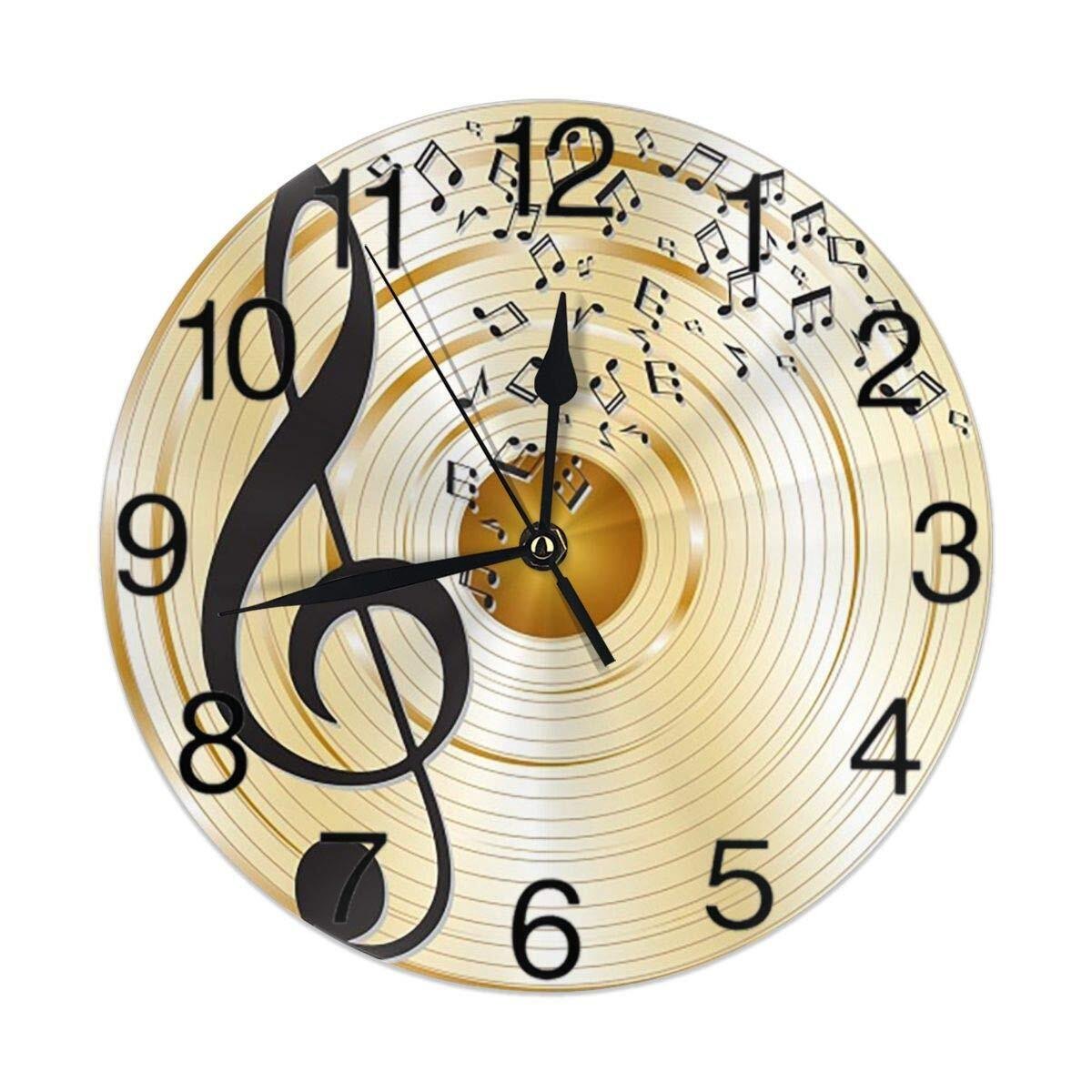 Music Notes and Treble Clef Round Wall Clock Silent Non Ticking Battery Opera...