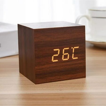 NANDIYNZHI Big Deals Wooden Led Clock Square Cube Alarm Timer Calendar Updated 2016 Brighter Stylish Wood Clock Alarm Clock Khaki