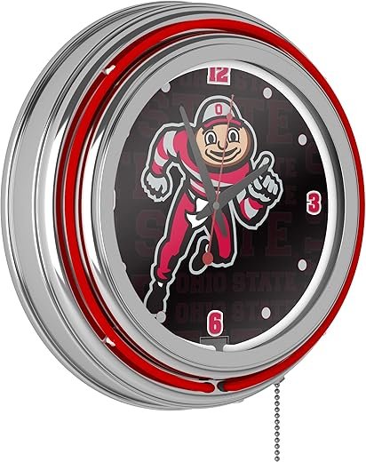 Neon Clock - Retro Ohio State University Brutus Dash Analog Wall Clock with Pull Chain - for Kitchen, Garage, Game Room, or Home Bar by Trademark Gameroom