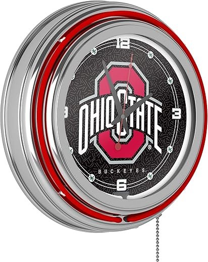 Neon Clock - Retro Ohio State University Logo Black Analog Wall Clock with Pull Chain - for Kitchen, Garage, Game Room, or Home Bar by Trademark Gameroom