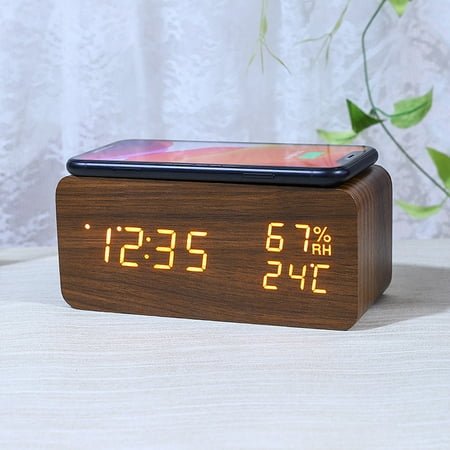 Onekawa Wooden Digital Alarm Clock with Wireless Charging Stylish LED Display for Bedrooms Adjustable Brightness and Voice Control Alarm Clock Perfect for Desks-Brown