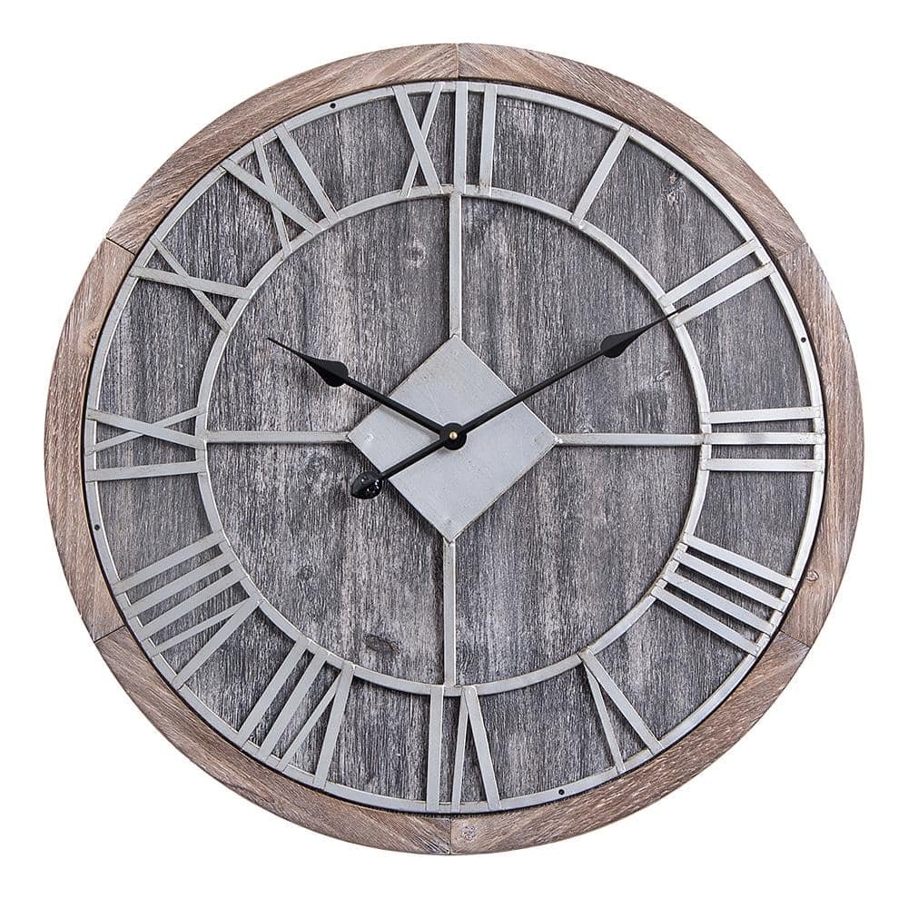 Oversized Roman Round Wall Clock, Gray Wood finish, 28" Diameter