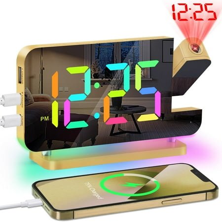 Projection Alarm Clock, 7.4 LED Mirror Digital Clocks Large Display,with 180° Rotatable Projector,RGB Night Light,USB C Port,Auto Dimmer, Loud Desk Clock for Heavy Sleeper Bedroom, Gold