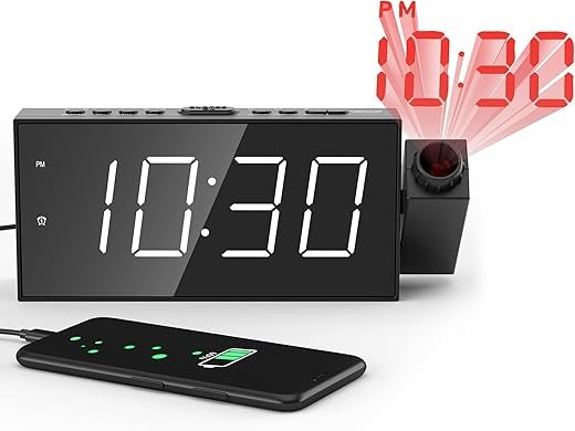 Mesqool Projection Clock Radio for Bedroom, FM Radio Alarm Clock with 180° Rotatable Projector, Large Number Display & 5 Dimmers,Sleep Timer,Battery Backup,Dual Alarm Clock for Heavy Sleepers