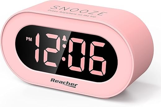 REACHER Pink Girls Alarm Clock for Kids Bedroom, Dimmable LED Digital Display, Outlet Powered, Adjustable Volume, Simple to Use, Snooze, Small Size for Bedside, Desk, Toddler