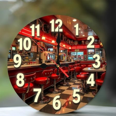 Retro Diner Clock Wall Decor Vintage 50s Style 10-Inch Silent Wooden Wall Clock, Battery Operated (AA Batteries Not Included), Artistic Home Decor