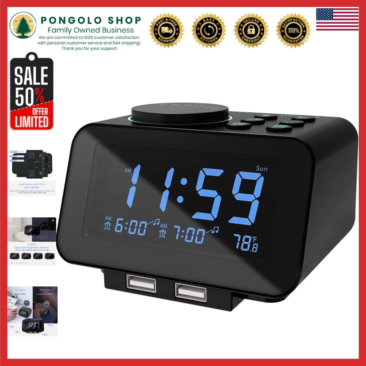 Sleek Black Digital Alarm Clock with Snooze, Sleep Timer & Temperature Display