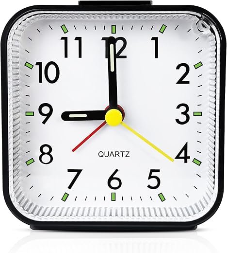 Small Analog Travel Alarm Clock, Battery Operated Clock, Quieter Bedside Alarm Clocks for Bedrooms Bathroom Living Room Kitchen Shelf, Black