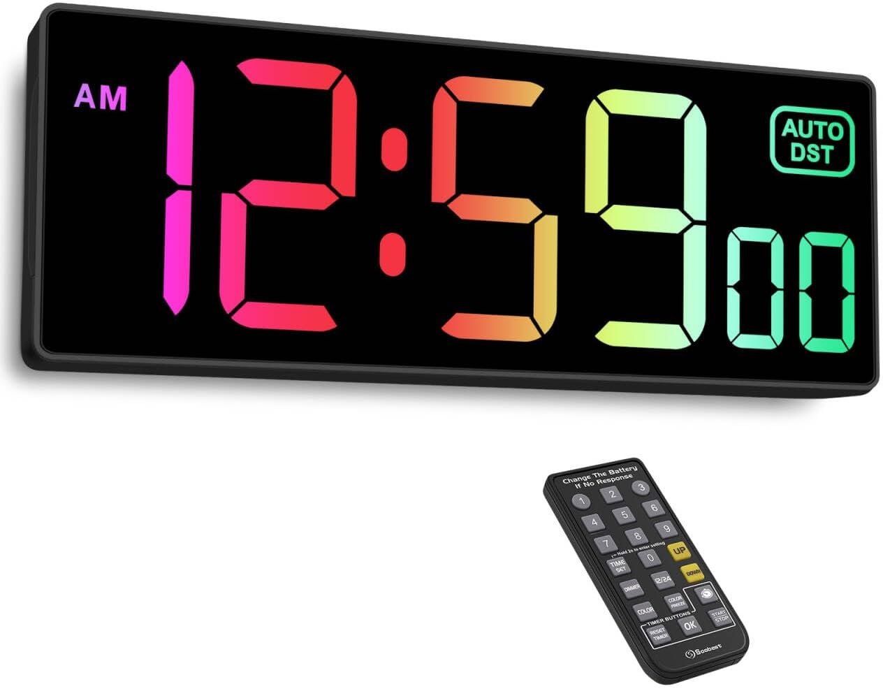 Soobest Digital Wall Clock with Remote Countdown Electrical Timer Seconds for Gym Living Room Office Classroom, 8 RGB Colors, Auto DST, Corded Plug in Digital Clock Large Display 5 Dimmer