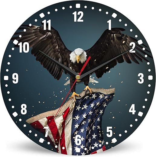 SPUNKER America Flag Eagle Wall Clocks,USA Bald Eagle Wall Clock Battery Operated 10 Inch,Round Clock Silent Non-Ticking Wall Decor for Farmhouse Office Home School Living Room Bedroom