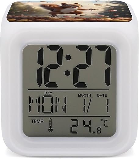 Squirrel Love Walnuts Digital Alarm Clock 7 Colors Clock LED Change Glowing Cube Night Light for Bedroom Office Desk