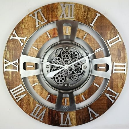 THE GEARS CLOCK Wall Clock with Real Moving Gears EN-LI_ 36 in Round Vintage-Brown