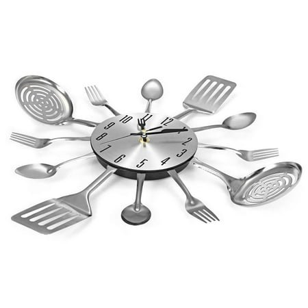 Cutlery Design Wall Clock Metal Fork Spoon Kitchen Clocks Creative Modern Home Decor Unique Style Wall Watch (Silver)