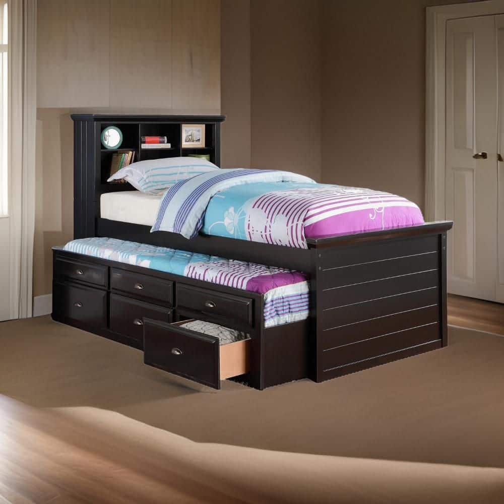 Toni Black Wood Frame Twin Size Platform Bed with 6 Drawers