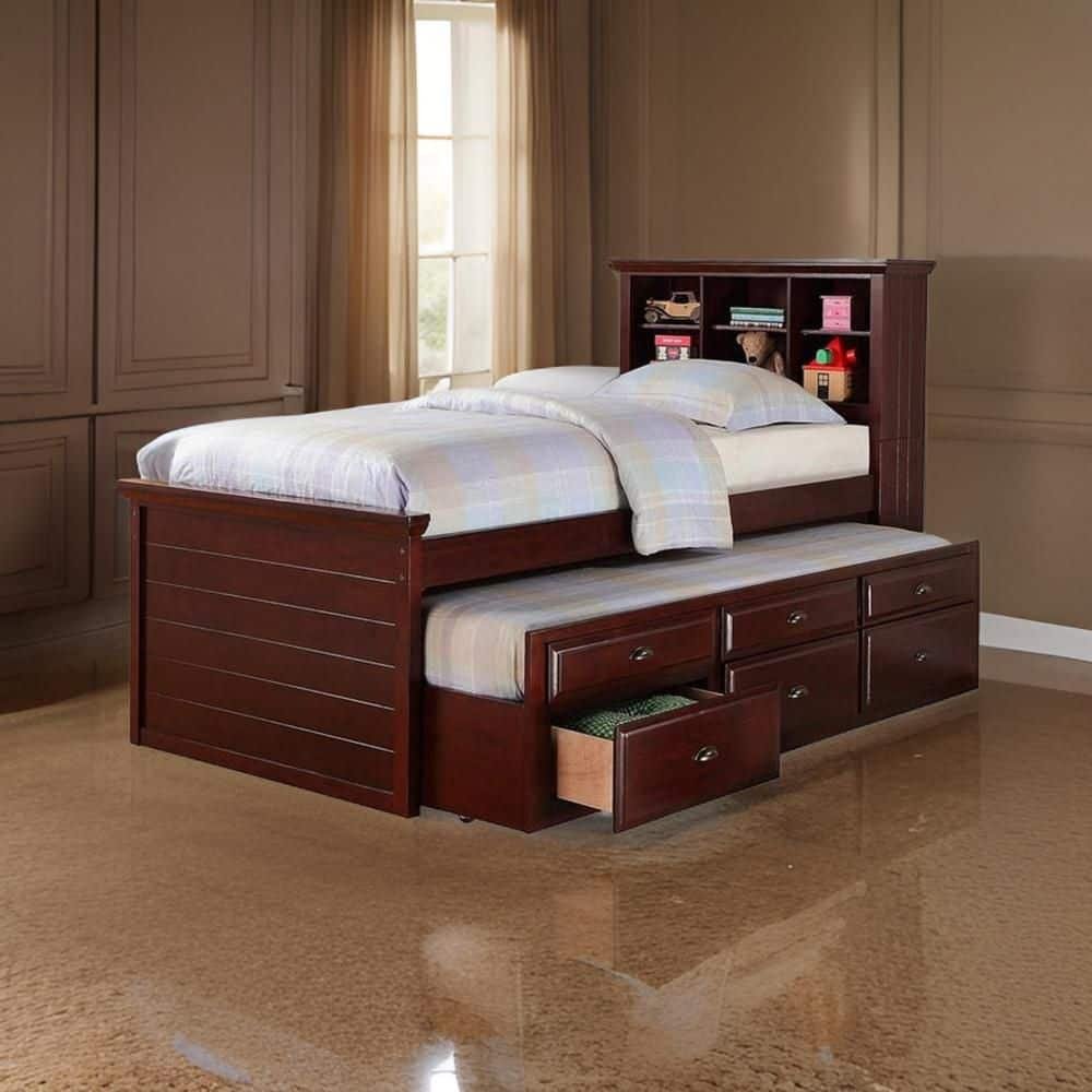 Toni Brown Wood Frame Twin Size Platform Bed with 6 Drawers