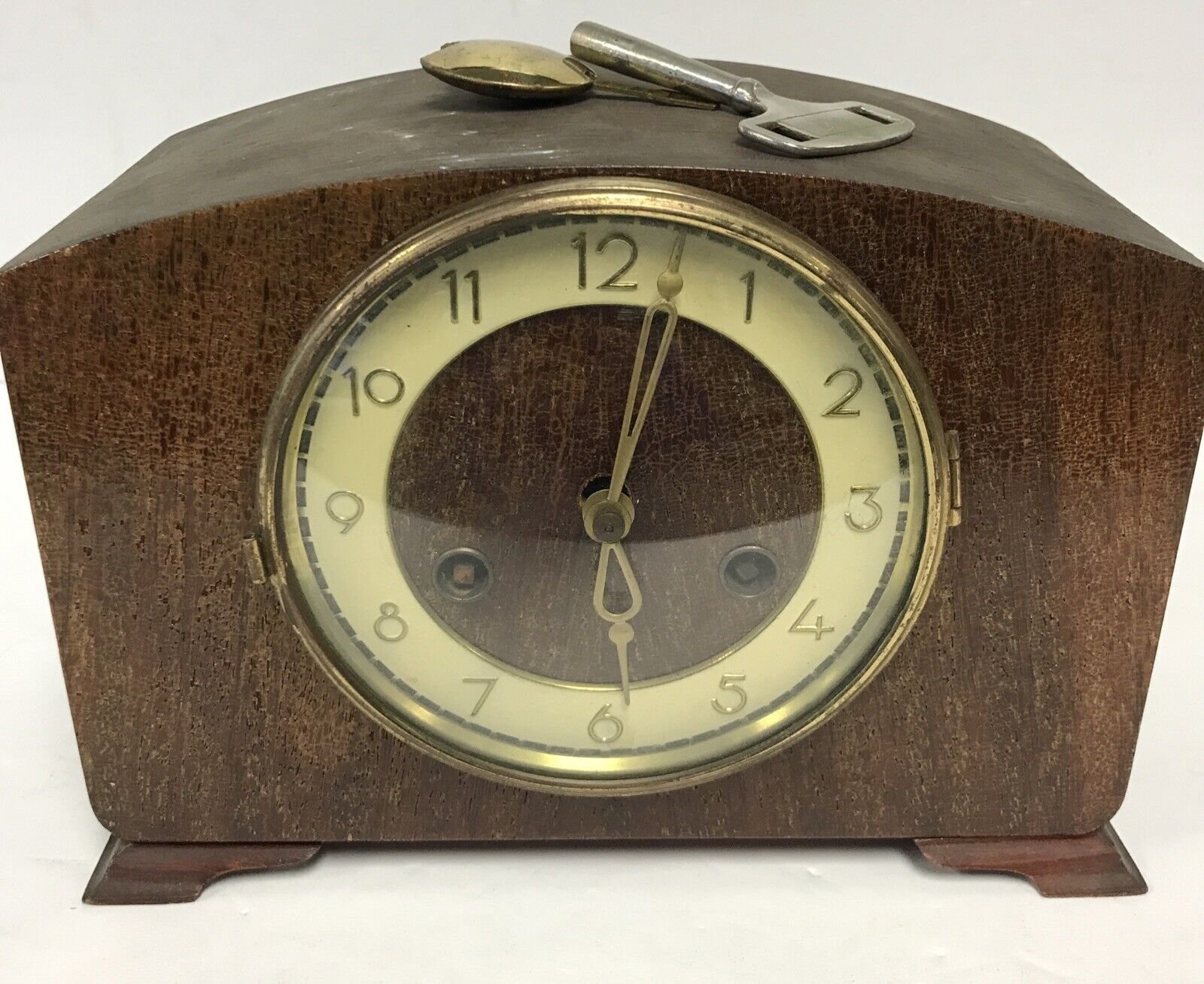 Vintage 6” Wooden Mantel Clock Wind Up Art Deco Clock