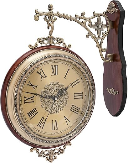 Vintage Double Sided Wall Clock, Brown Painted Wood and Golden Electroplated Alloy Wall Hanging Two Faces Retro Round Clock, Wall-Mounted Metal Antique Style Home Decor Silent Wall Clock
