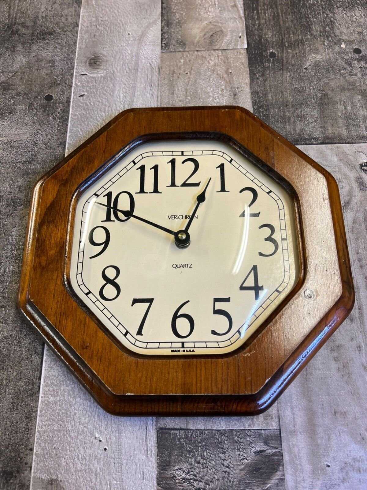 Vintage VERICHRON solid wood frame octagonal wall clock 10.5". NICE Tested!