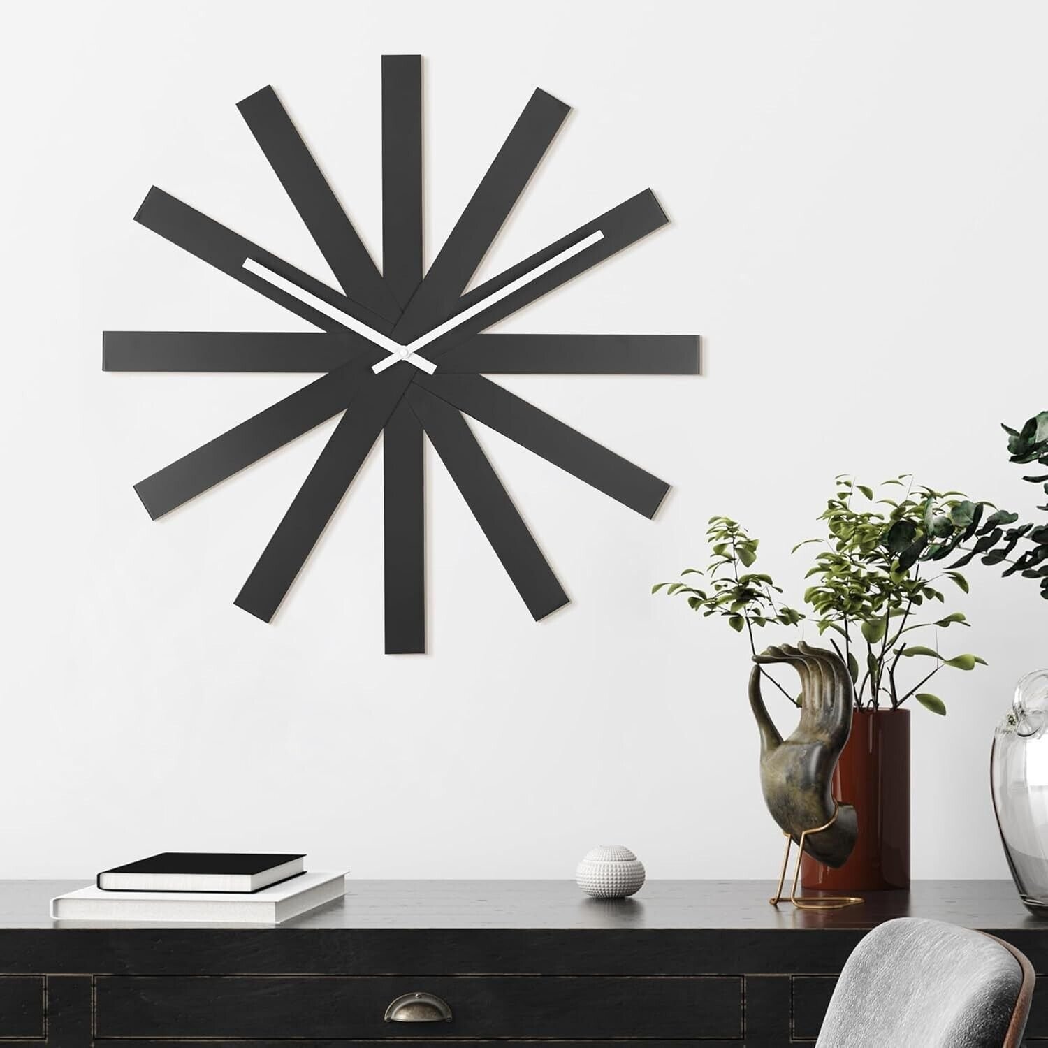 Wall Clock, 24 in Large Modern Mid Century Unique 3D Frameless Black Metal